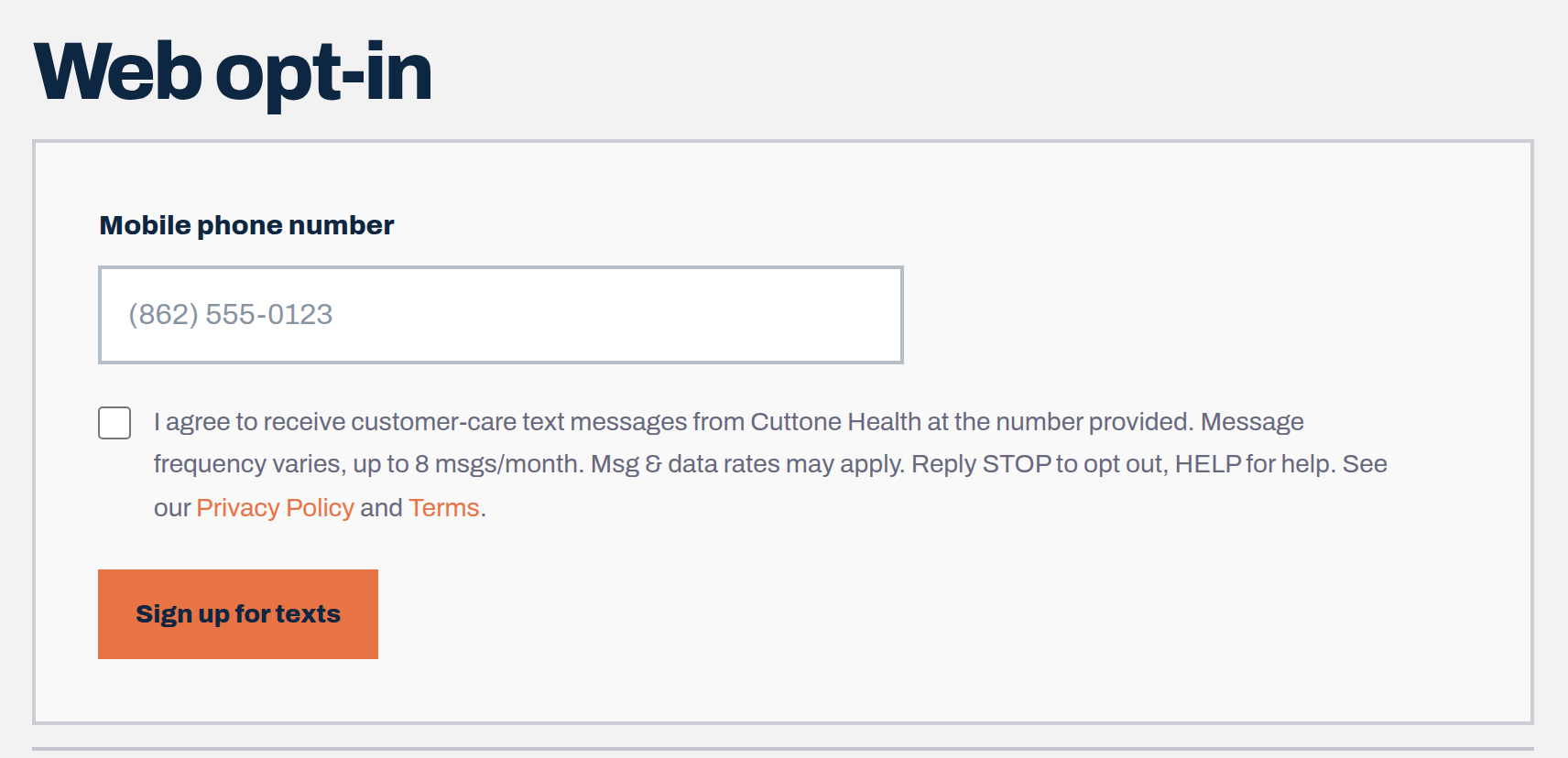 Screenshot: SMS Program web opt-in form