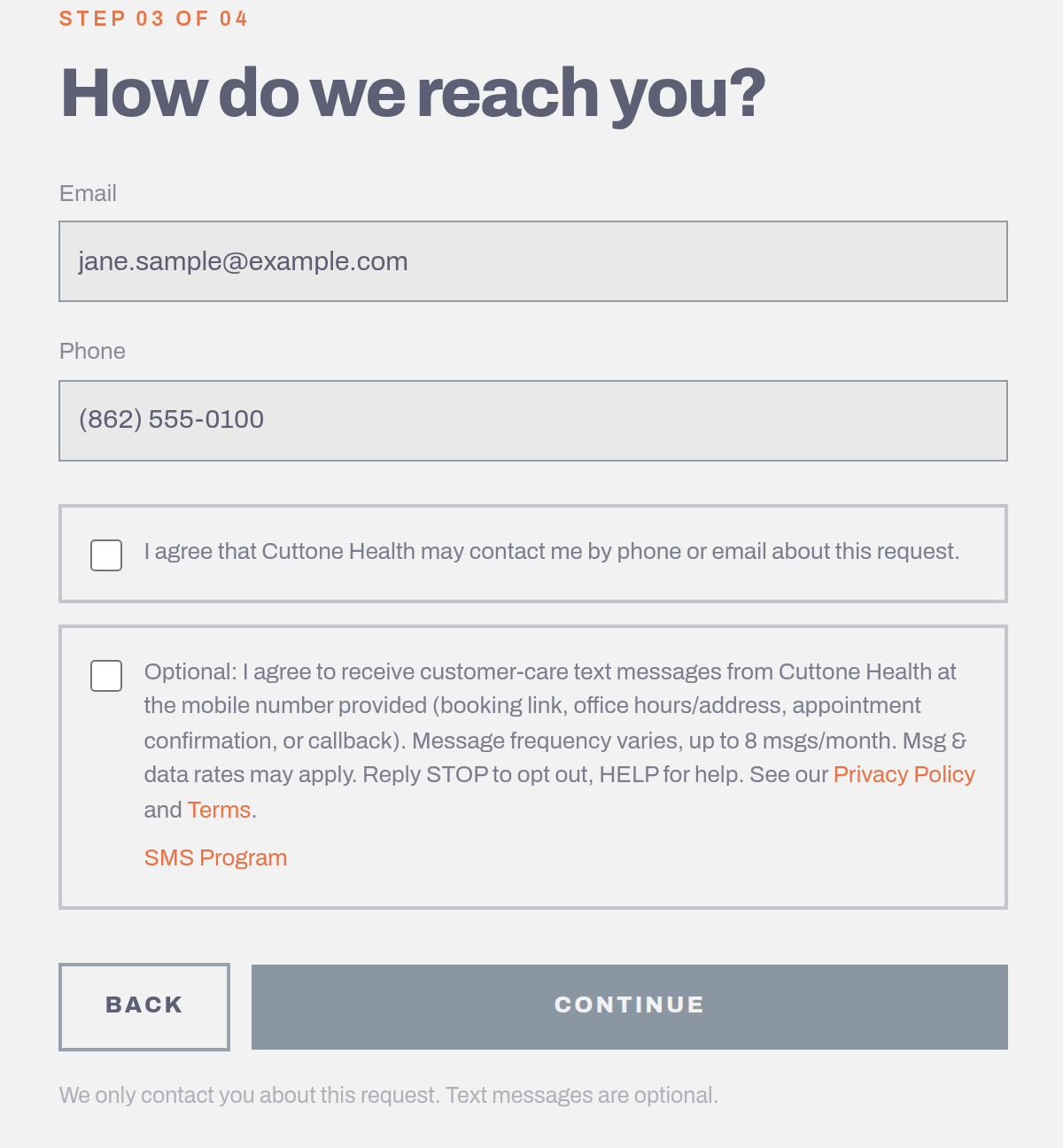 Screenshot: Get Started form, optional SMS consent checkbox